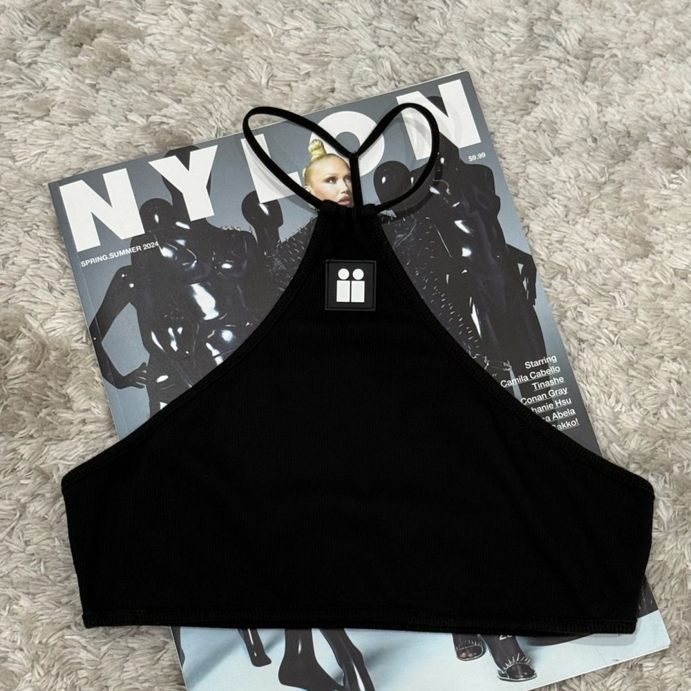 Aiirz Black Halter Crop Top Ribbed Stretch Backless Festival Y2K Size S